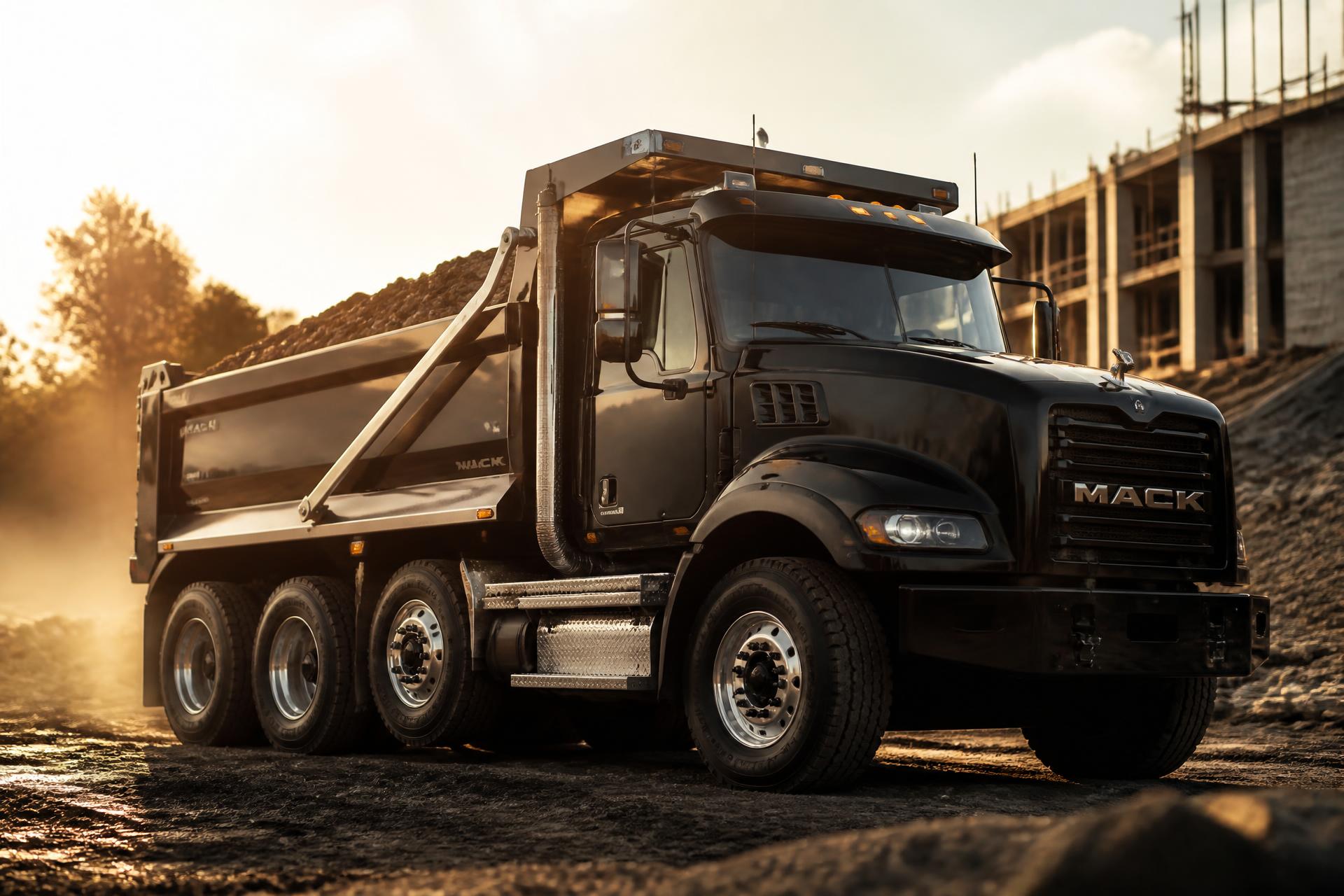 Black dump truck at construction site at golden hour